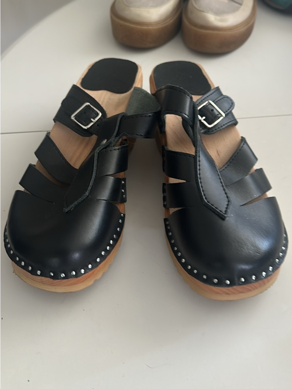 Black Leather Clog Mules with Buckle - Picture 2 of 4